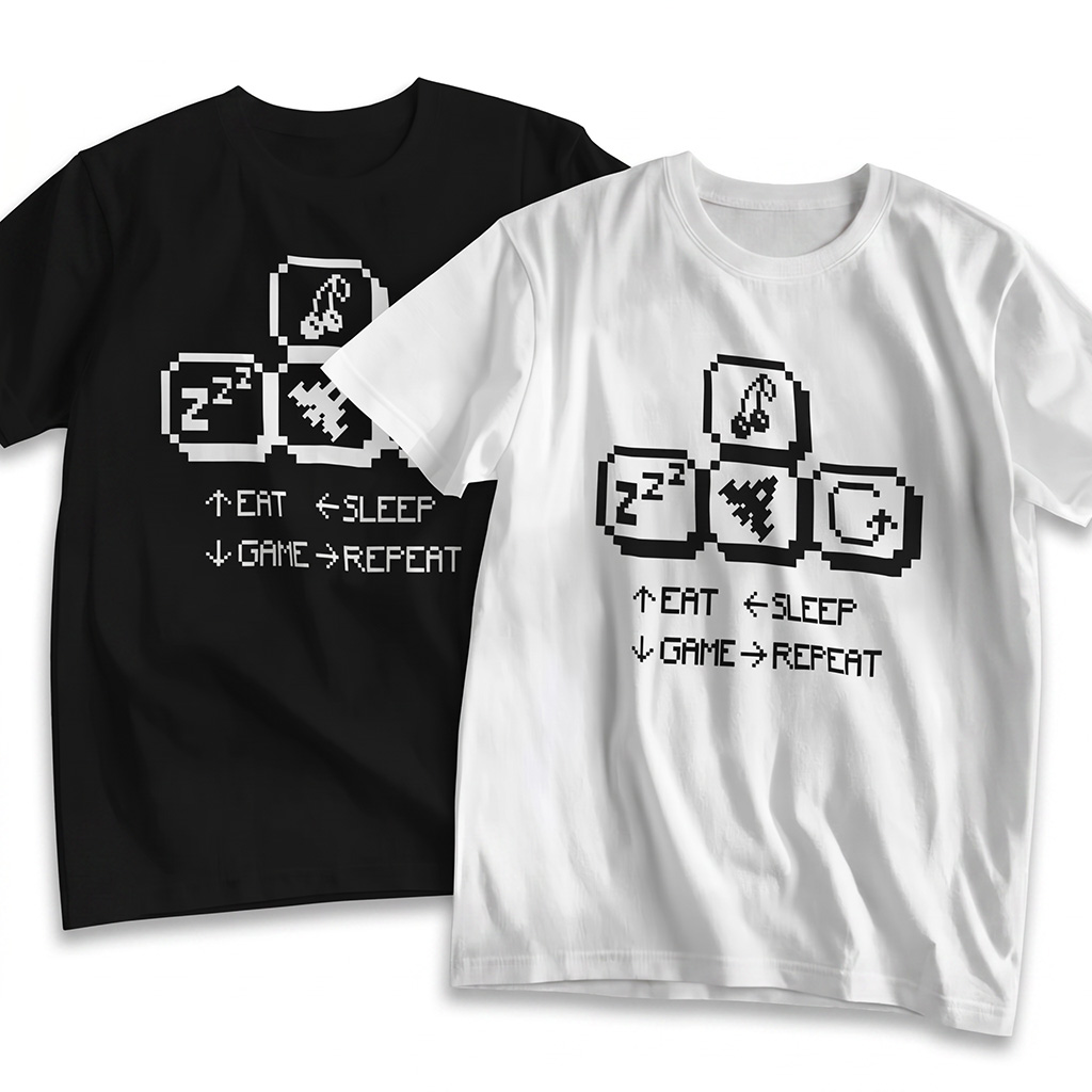 eat-sleep-game-repeat-shirt-keyboard-text-with-icons-retro-pixel-arcade-black-and-white