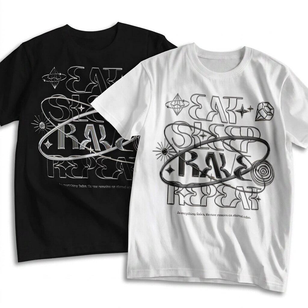 eat-sleep-rave-repeat-t-shirt-futuristic-chrome-texture-black-and-white