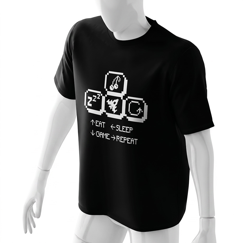 video-game-t-shirt-keyboard-text-with-icons-retro-pixel-arcade-black