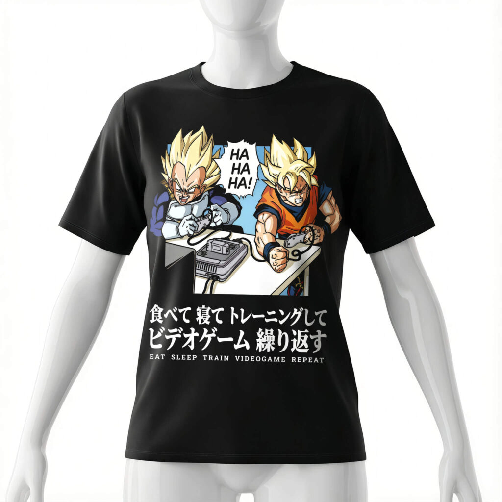 eat-sleep-train-videogame-repeat-shirt-front-black-tee-design-womengoku-vegeta-playing-videogames