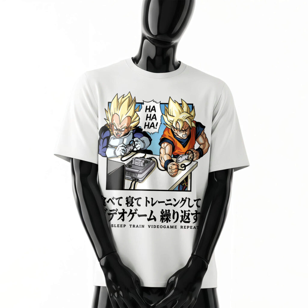 eat-sleep-train-videogame-repeat-shirt-front-white-tee-design-mengoku-vegeta-playing-videogames