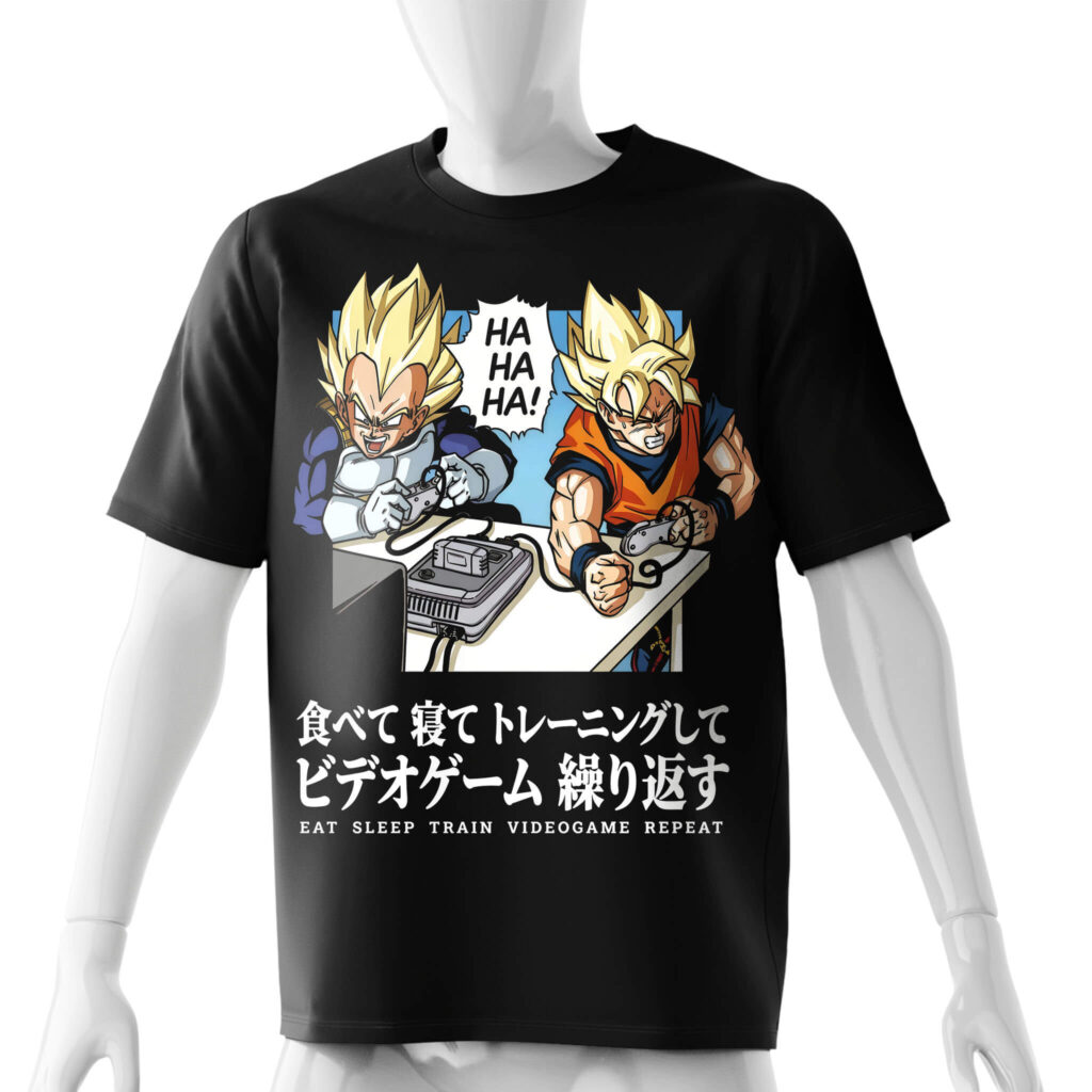 eat-sleep-train-videogame-repeat-t-shirt-front-black-model-goku-vegeta-playing-videogames-dragon-ball