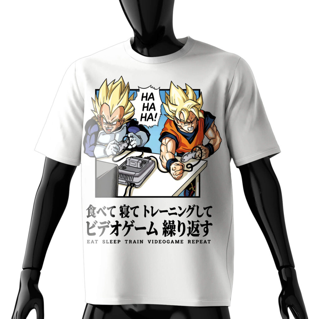 eat-sleep-train-videogame-repeat-t-shirt-front-white-model-goku-vegeta-playing-videogames-dragon-ball