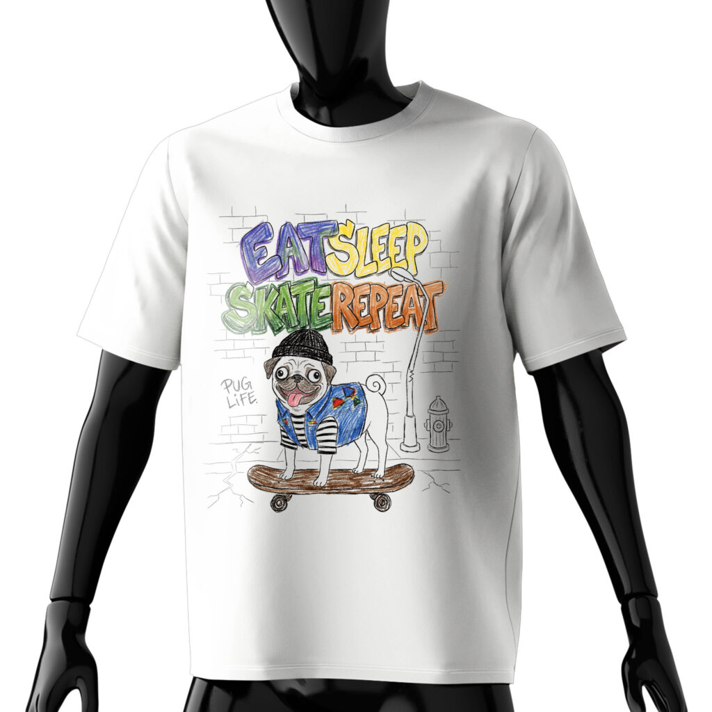 eat-sleep-skate-repeat-t-shirt-front-white-model-bulldog-skateboarding