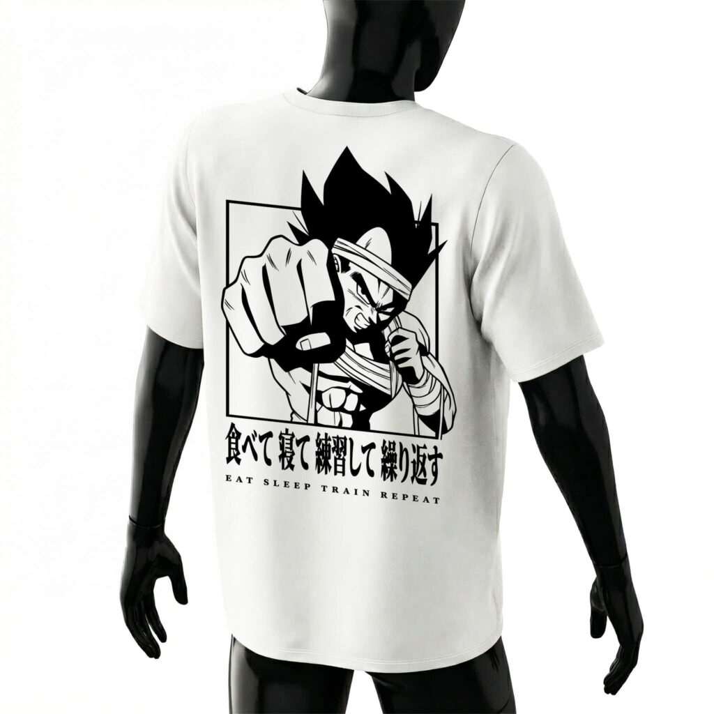 eat-sleep-train-repeat-t-shirt-back-white-model-vegeta-training