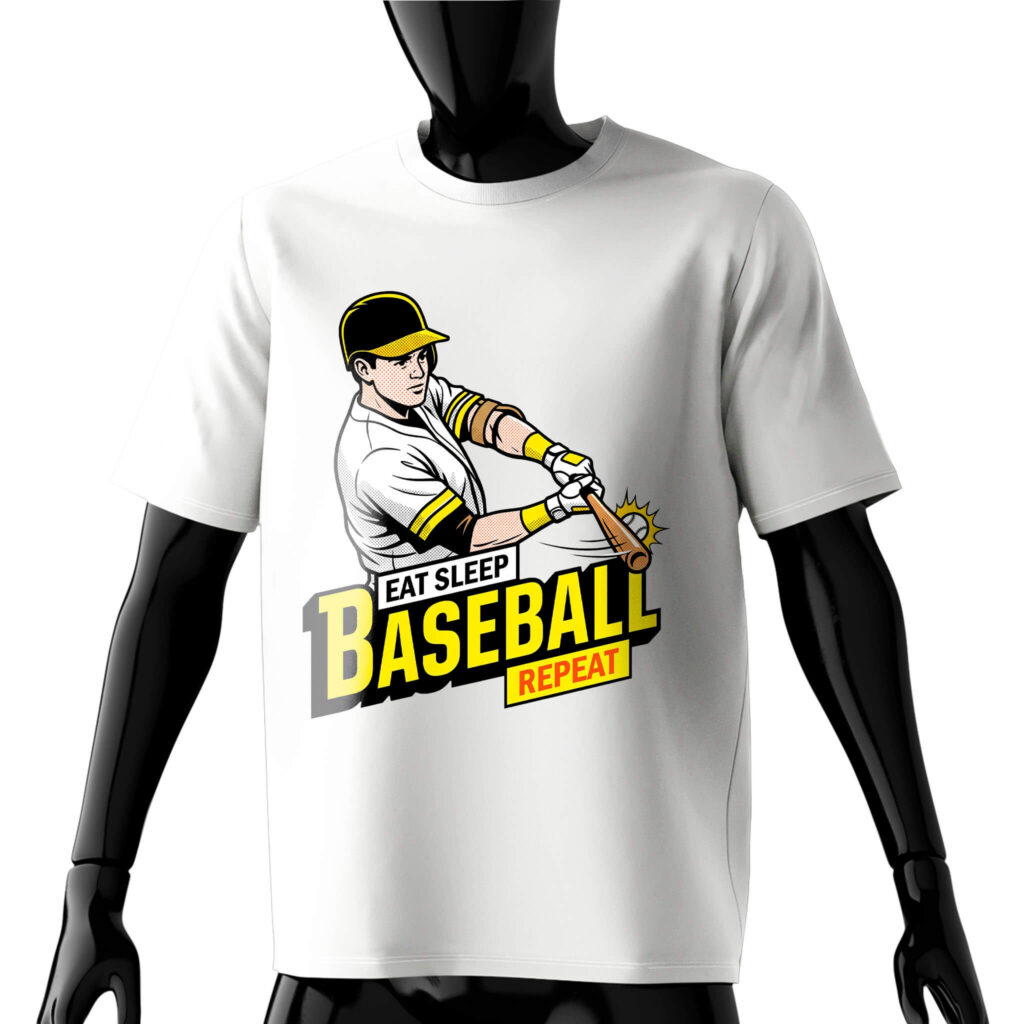eat-sleep-baseball-repeat-t-shirt-front-white-model-Halftone-vector-illustration